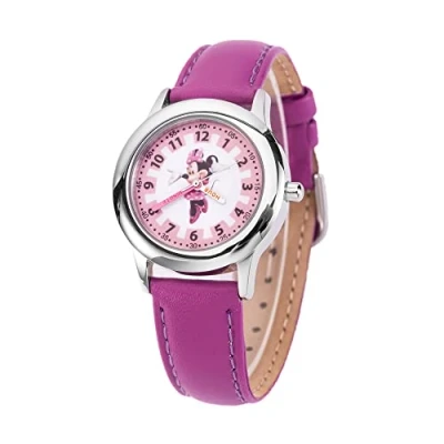 Image of Disney Minnie Mouse Kids&#039; Stainless Steel Time Teacher Analog Leather Strap Watch(Plain CASE), Purple, Purple