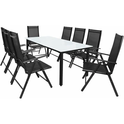 Image of CASARIA® Bern 8+1 Garden Dining Furniture Set 8x 8 Way Adjustable High Back Folding Chairs Table 190x90cm Aluminium 5mm Frosted Safety Glass Weatherproof Patio Balcony Deck Seating Anthracite