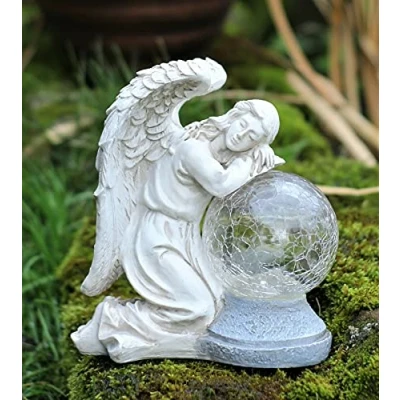 Image of HH Home Hut Solar Powered Fairy Garden Resin Ornament Angel Cherub with LED Light, Hand Painted Figurine Statue Ball for Pond Porch Patio Yard Decorations 19cm Tall