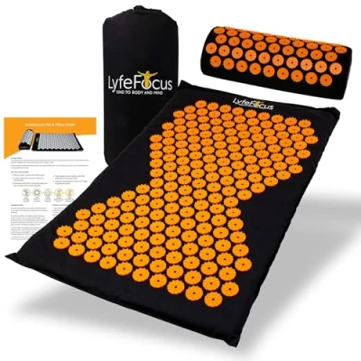 Image of LyfeFocus Acupressure Mat &amp; Pillow Set with Travel Bag Cushioned Spike Acupuncture Massage for Back, Neck Shoulder Pain Relief Easing Muscle Tension Stress (Black Orange)