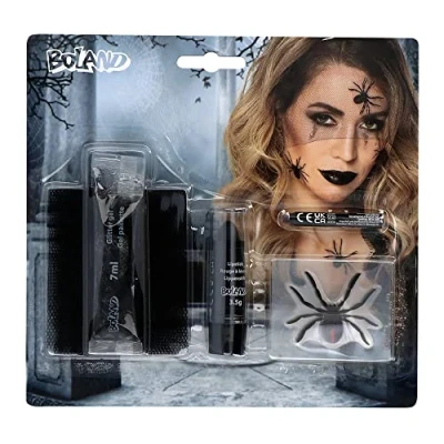 Image of Boland 10239351 45097 Black Widow Set (1 Tulle Fabric, 1 Lipstick, 4 Stickers, Make up Pen and Glitter Gel), Multicoloured, Standard Size