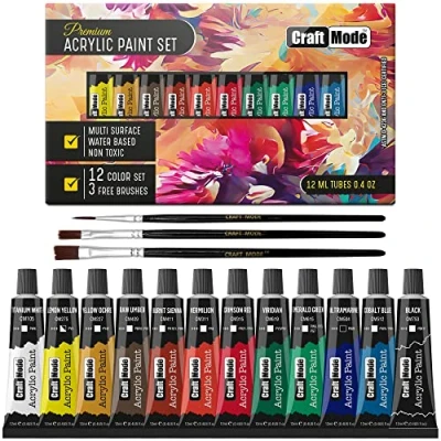 Image of Craft Mode Acrylic paint set 12 12ml Perfect for Canvas, Wood, Ceramic, Rock, Fabric &amp; Crafts. Non Toxic, Quick Dry Vibrant Colours. Rich Pigments, Lasting Qualit