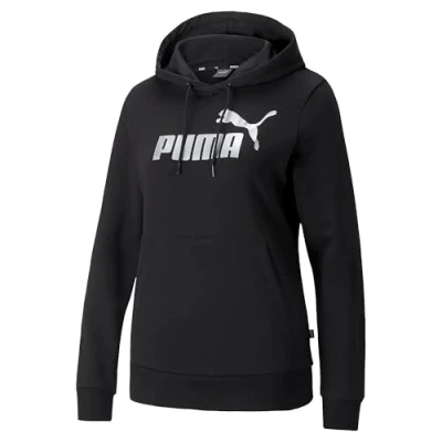Image of Puma Women&#039;s Ess+ metallic Logo Hoodie Tr Sweat, Black Silver, S UK