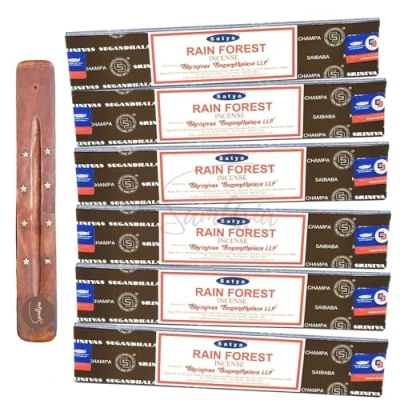 Image of Satya Nag Champa Rain Forest incense sticks x6 pack with SAMASIA holder Used for Aromatherapy, Spa, Yoga, Weddings, Meditation, Healing, Positivity and Relaxation