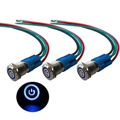 Image of QitinDasen 3Pcs Premium 12V/24V 3A Self Locking Latching Push Button Switch, 12mm Car Ignition Starter Blue LED Light Stainless Steel IP66 Waterproof Switch with Socket Plug Wire