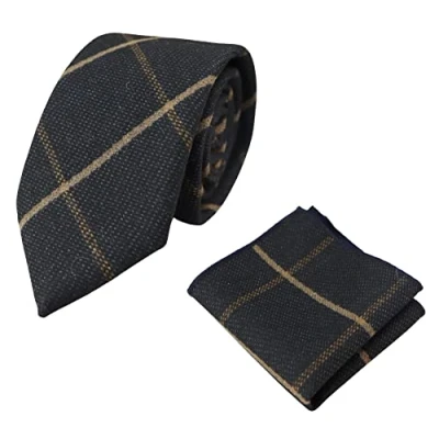 Image of TruClothing Mens Tweed Herringbone Tie Pocket Square Check Classic Blue Brown Grey Black Navy 15 One Size