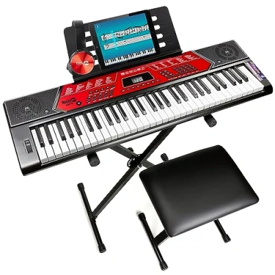 Image of RockJam 61 Key Keyboard Piano With Pitch Bend Kit, Stand, Bench, Headphones, Simply App and Keynote Stickers, Black