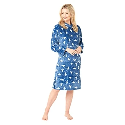 Image of INSIGNIA Ladies Fleece Hooded Nightdress Nightie Lounger (Blue, L)