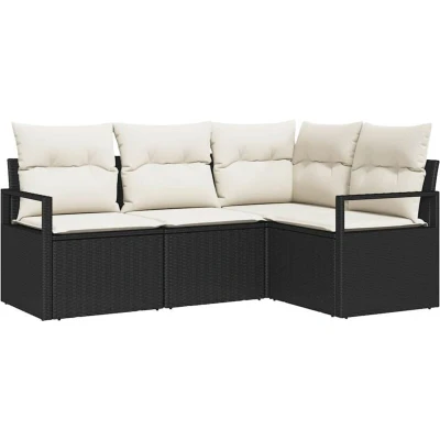 Image of vidaXL 4 Piece Garden Sofa Set with Cushions Black Poly Rattan