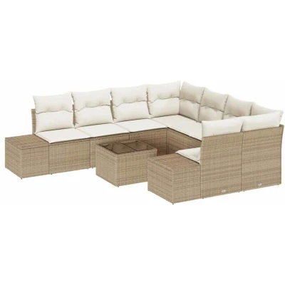 Image of vidaXL 9 Piece Garden Sofa Set with Cushions Beige Poly Rattan
