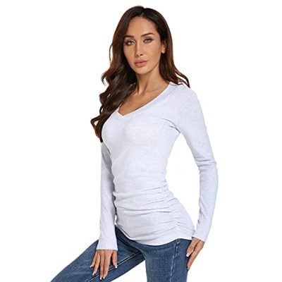 Image of AmélieBoutik Women V Neck Raglan Long Sleeve Ruched Sides Top (Light Grey Large 14)