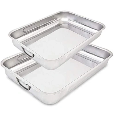 Image of Menax Set of 2 Roasting Baking Tins Trays with Handles Oven Tin Stainless Steel Pan