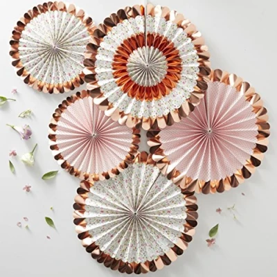 Image of Ginger Ray Floral &amp; Rose Gold Foiled Party Fan Decorations 5 Pack Ditsy
