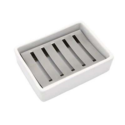 Image of Lofekea Ceramic Soap Dish Stainless Steel Holder for Bathroom and Shower Double Layer Draining Box