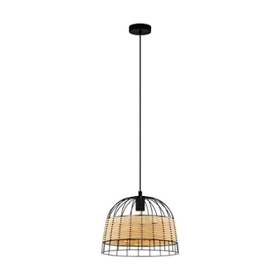 Image of EGLO Anwick Pendant Light, 1 Bulb Vintage Boho Light Made of Steel and Rattan, Dining Table Lamp, Living Room Hanging in Black, Natural, E27 Socket, Diameter 37 cm