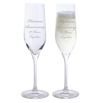 Image of 2 Platinum Anniversary 70 Years Together Pair of Dartington Champagne Flutes Glasses