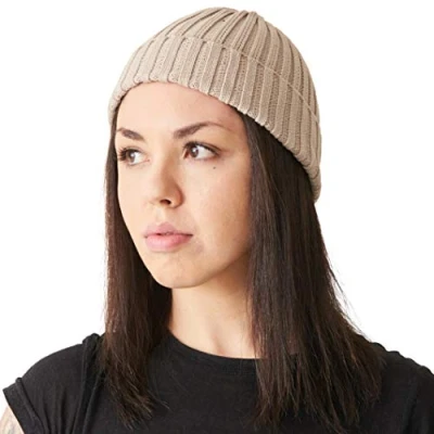 Image of CHARM Casualbox Mens Fisherman&#039;s Beanie 100% Cotton Womens Knit Cap Classic Design Simple Ribbed Slouch Hat Beige(Size: One Size)