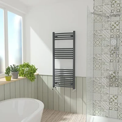 Image of NRG Anthracite Curved Central Heating Towel Rail Bathroom Heated Rad Radiators Ladder Warmer 1200x500mm