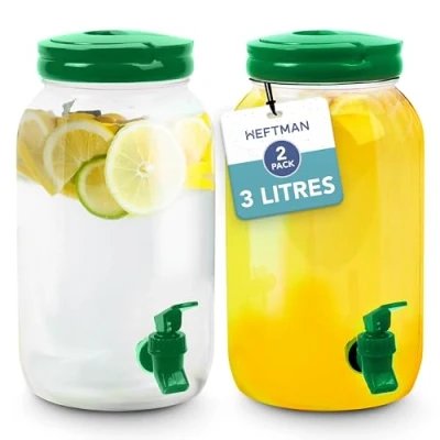 Image of HEFTMAN Plastic Drink Dispenser with Tap 2 Pack 3L Cold Water Tap, Handle, Screw Top Lid Fridge Cocktails, Infused &amp; Soft Drinks for BBQ&#039;s Parties Home (Green)