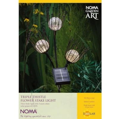 Image of NOMA Solar Triple Thistle Flower Garden Stake Light, 3 Warm White LEDs, 75 cm