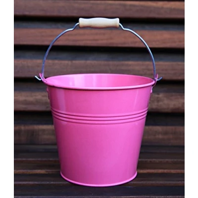 Image of 16CM METAL TIN HERB FLOWER BUCKET WITH WOODEN HANDLE POT PLANTER SWEET TREE (hot pink)