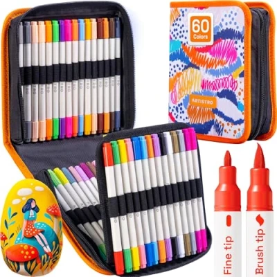 Image of ARTISTRO Acrylic Paint Pens, Art Set Markers Dual Tip, for Fabric, Canvas, Rock, Glass, Wood, Paper, DIY, Markers, Multicolor (Dual Tip Brush + Fine, 60)