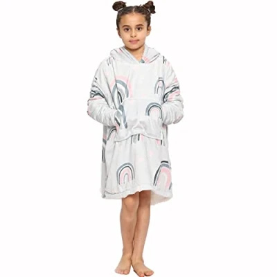 Image of GC GAVENO CAVAILIA Fluffy Blanket Hoodie, Rainbow &amp; Hearts Hoodies Girls Hoody Blankets, Oversized Sweatshirt For Kids, Grey Oody