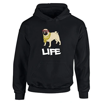 Image of Life of A Pug, Kids Printed Hoodie Jet Black/White/Transfer 9 11 Years