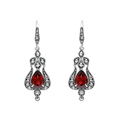 Image of Esse Marcasite Sterling Silver Pear Cut Garnet &amp; Art Nouveau Long Drop Leverback Earrings