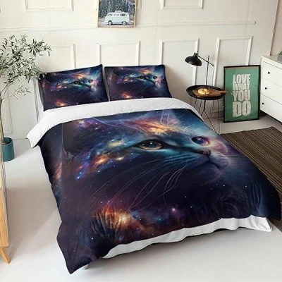 Image of GEEYOU Cat Bedding Quilt Cover Set 3D Animal Duvet for Kids Boys Girls Comforter Soft Bedspread 3 Piece with Zipper Closure Microfiber Double（200x200cm）