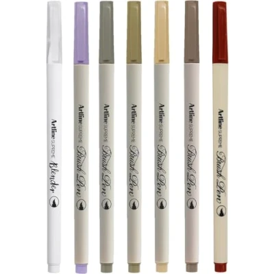 Image of Artline Supreme Brush Pens (Pack of 6 Autumn Shades + 1 Blender Pen). Water Based Felt Tip Pens, Colouring for Adults or Students. Art Set &amp; Drawing Genuine Supplies