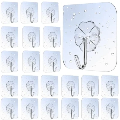 Image of Lamondre 30 Pcs Self Adhesive Hooks, Transparent Wall Waterproof Oilproof Bathroom Kitchen Heavy Duty Robe, Towel, Coat, Key Hooks