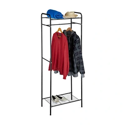 Image of Relaxdays Clothes Stand with Shelves, Sandra, Metal, Wardrobe Coat Rack Rail, Shoe For Boots, Size: 166 x 60.5 38 cm, Black, Metal