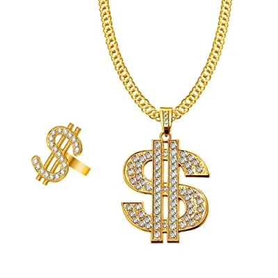 Image of Liitata 2 Pcs Dollar Sign Necklace Rings Set Hip Hop Rapper Punk Gold Chain 80s 90s Costume Accessories for Men Woman Mardi Gras Carnival Party