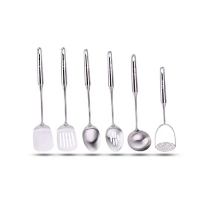 Image of Millvado Stainless Steel Kitchen Utensil Set, Cooking Utensils, Set of 6 Tools, Solid Spoon, Slotted Turner, Soup Ladle, Potato Masher, Dishwasher Safe