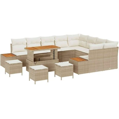 Image of vidaXL 13 Piece Garden Sofa Set with Cushions Beige Poly Rattan Acacia