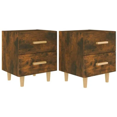 Image of vidaXL Bed Cabinets 2 pcs Scandinavian Style Smoked Oak Bedside Tables with Solid Eucalyptus Wood Legs and Spacious Drawers, Easy Assembly Required, Brown Rectangular End Table