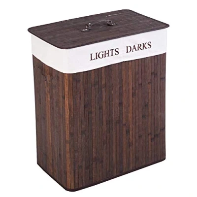 Image of Bamboo Laundry basket 100L Collapsible with 2 Compartments Hamper Removable Lining Large Bins Lid Storage (Brown)