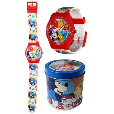Image of Mickey Mouse Disney Analogue Children&#039;s Wrist Watch in Tin, multi coloured, Strap