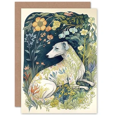 Image of Artery8 White Greyhound Dog with Floral Pattern Fur Coat lying in Flower Field Modern Illustration Art Birthday Sealed Greeting Card Plus Envelope Blank inside