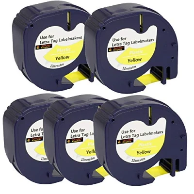 Image of Cartridges Kingdom 5 Compatible 91202 S0721620 12mm x 4m Black on Yellow Plastic Label Tapes for DYMO LetraTag Printers