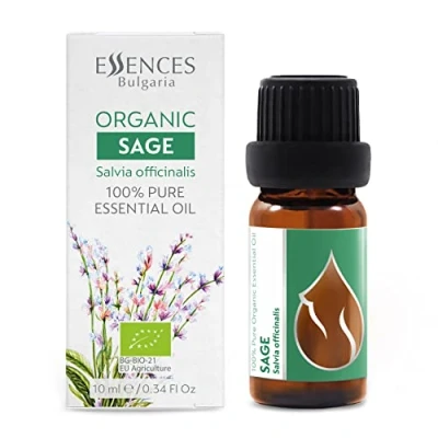 Image of Essences Bulgaria Organic Sage Essential Oil 10ml Salvia officinalis 100% Pure and Natural Undiluted Therapeutic Grade Family Owned Farm Steam Distilled Non GMO Vegan