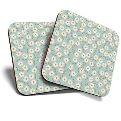 Image of Great Coasters (Set of 2) Square/Glossy Quality Coasters/Tabletop Protection for Any Table Type Cute Daisy Flowers Duck Egg #2847