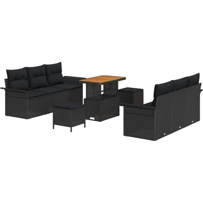 Image of vidaXL 9 Piece Garden Sofa Set with Cushions Black Poly Rattan Acacia