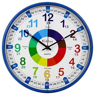Image of Kiddus Wall Clock for Boys and Girls. Silent Analogue Time Teacher with Exercises. Easy to Read Learn the Time. 30cm diameter XL Blue