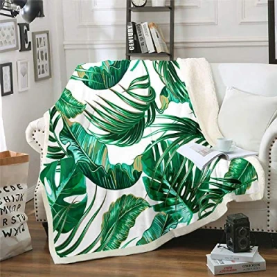 Image of Palm Leaf Fuzzy Blanket Tropical Leaves Sherpa for Sofa Bed Couch Tree Print Fleece Throw Green Botanical Room Decor Plush Double 60x79 Inch