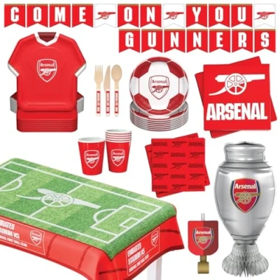 Image of Arsenal FC Official Party Supplies Box for 6 Guests All in One 75 pcs incl. Disposable Tableware Set w/Cutlery, napkin, Decorations &amp; Favors Perfect birthday matchday celebrate (75)