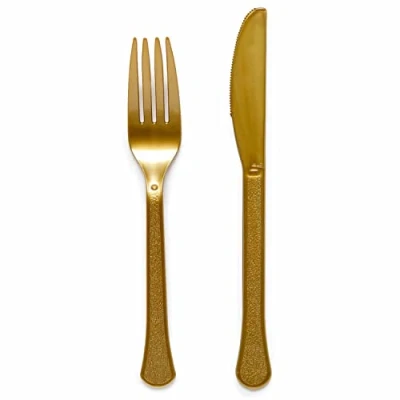 Image of Amscan 9915411 214 Gold Eco Friendly Re usable Dishwasher Safe Mixed Cutlery 24 Pack