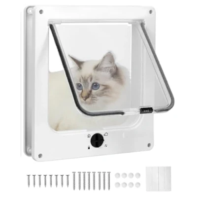 Image of QWORK® Cat Flap, Door, With Rotary 4 Way Locking, White, 27 X 23.5 5 cm, Easy Installation and Noise Reduction