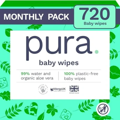 Image of Pura Eco Friendly Baby Water Wipes 12 x 60 per Pack, (720 Wet Wipes) 100% Plastic Free, 99% Water, Biodegradable, Compostable, Vegan Monthly Suitable for Sensitive &amp; Eczema Prone Skin